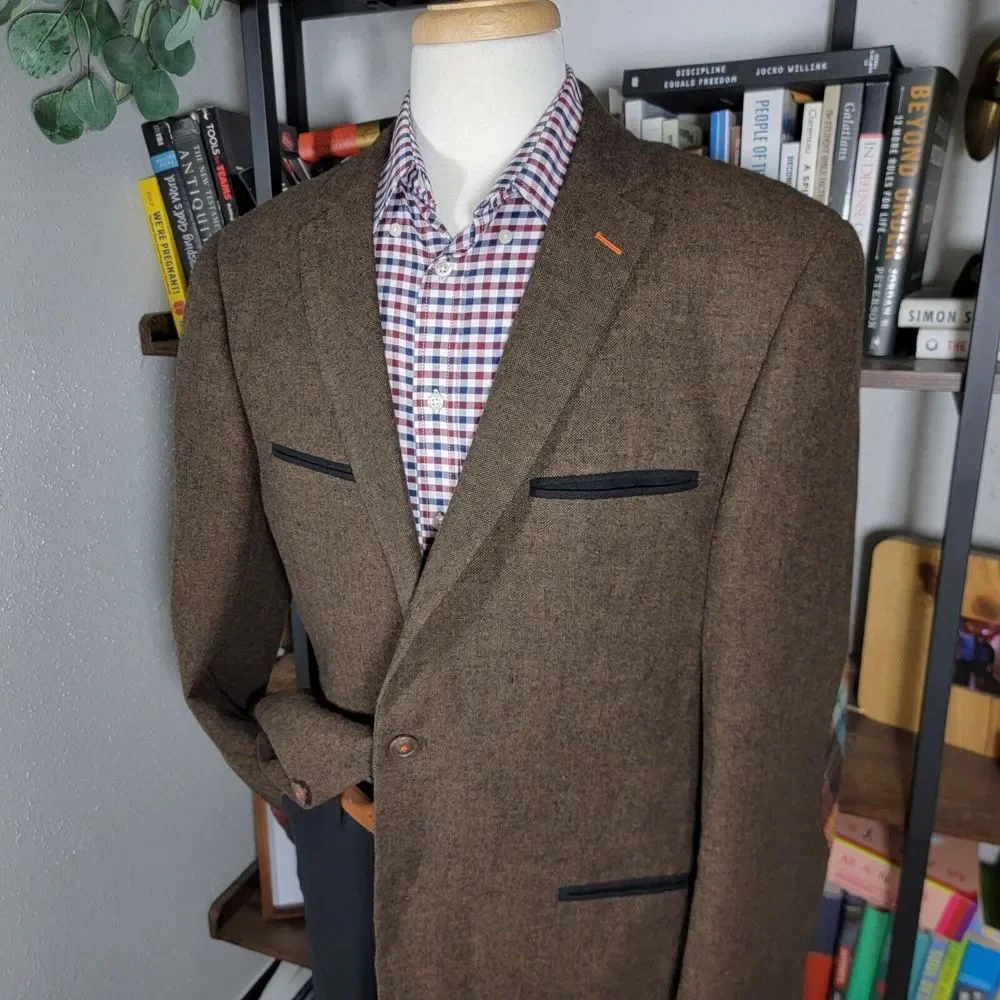 Bruno Conte Don Jonathan Men's Flannel Sport Coat Blazer‎ Two Button Brown XL